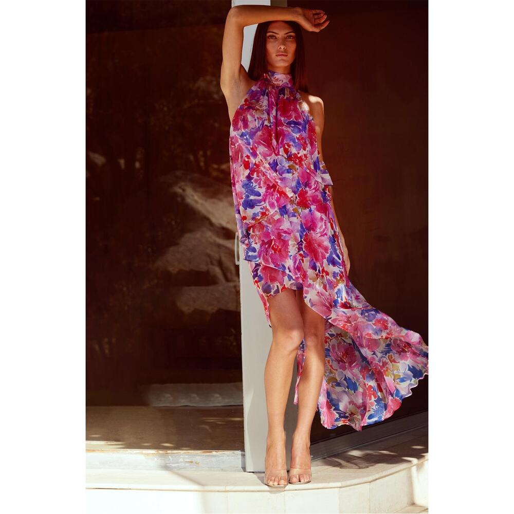 MISA Los Angeles Victorine High Low Full Bloom Halter Chiffon Dress L NWT $460